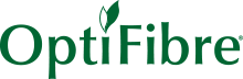 Logo OptiFibre cu text verde și frunză.